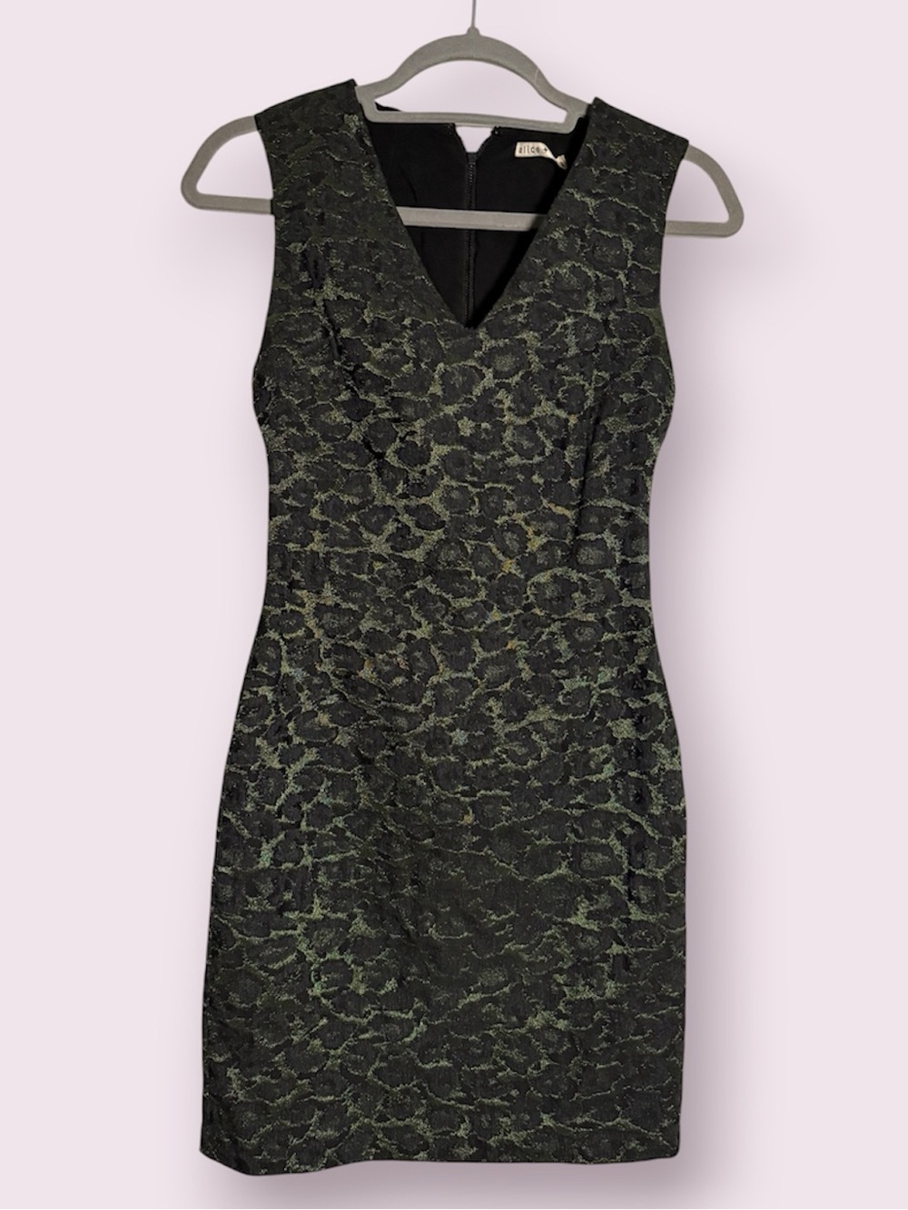 Alice + Olivia Black and Olive Green Jacquard Cheetah Sleeveless Sheath Dress XS